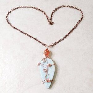 HUGE! Wire Wrapped Amazonite & Dragonvein Agate Pendant + Copper Chain Necklace